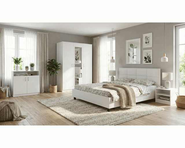 Dormitor Soft Alb cu pat tapitat alb pentru saltea 140x200cm Dormitor Soft Alb cu pat tapitat alb pentru saltea 140x200cm